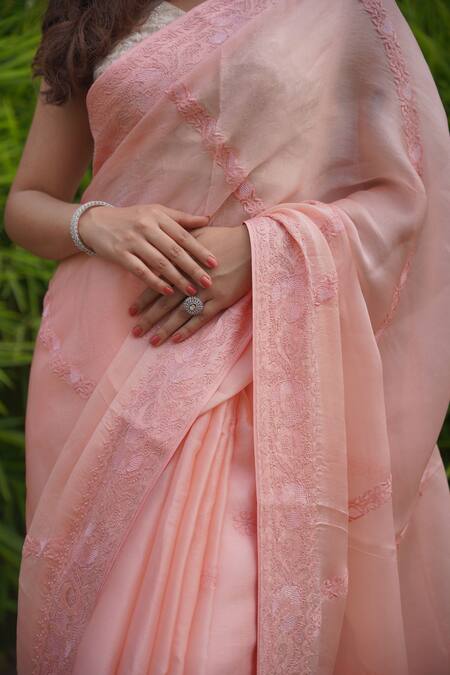 Shop_Iktaar By Meena_Pink Blouse Silk And Underskirt Silk, Saree Floral Chikankari _Online_at_Aza_Fashions