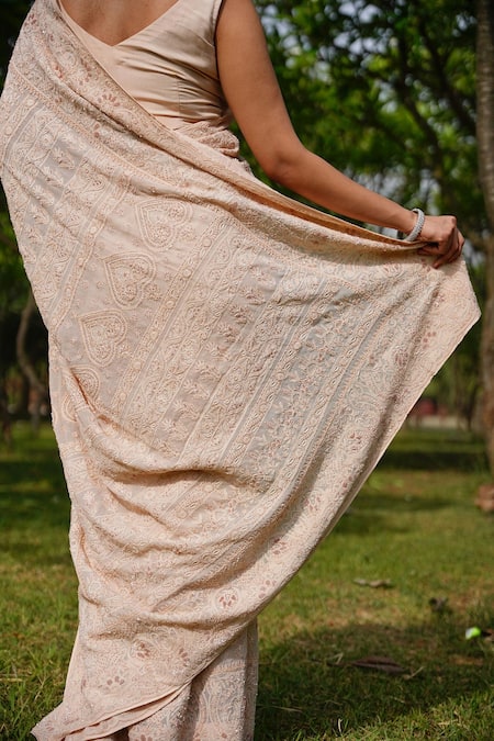 Shop_Iktaar By Meena_Beige Saree And Blouse Chiffon & Underskirt Satin Silk Sequin, Beads Chikankari _Online_at_Aza_Fashions