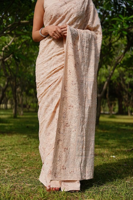 Iktaar By Meena_Beige Saree And Blouse Chiffon & Underskirt Satin Silk Sequin, Beads Chikankari _at_Aza_Fashions