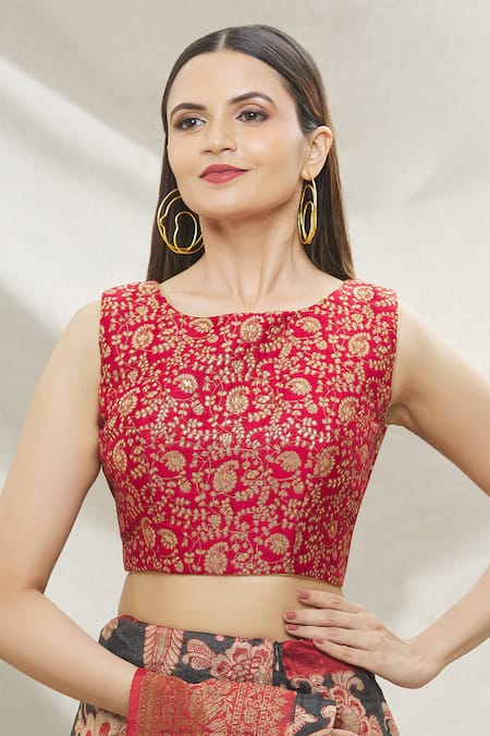 Buy Maroon Brocade Woven Floral Round Sleeveless Blouse For Women by  Nazaakat by Samara Singh Online at Aza Fashions.