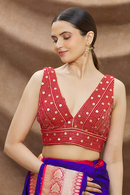 Buy Red Velvet Embroidered Sequin V Neck Sleeveless Blouse For Women by  Nazaakat by Samara Singh Online at Aza Fashions.