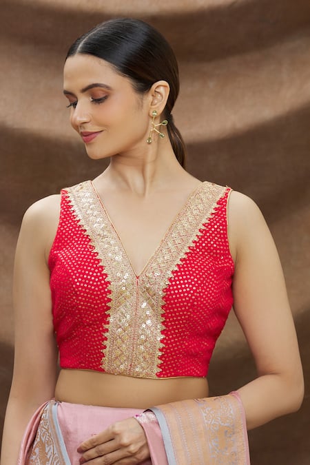 Nazaakat by Samara Singh - Red Velvet Embroidered Sequin V Neck Sleeveless  Blouse For Women
