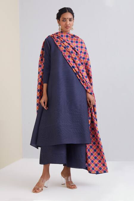 Scarlet Sage_Blue 100% Polyester Mosaic Print Band Collar Soha Pleated Kurta Palazzo Set_Online_at_Aza_Fashions