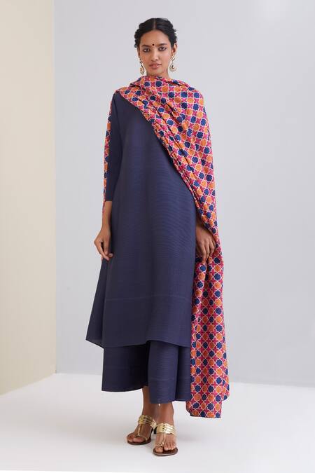 Buy_Scarlet Sage_Blue 100% Polyester Mosaic Print Band Collar Soha Pleated Kurta Palazzo Set_Online_at_Aza_Fashions