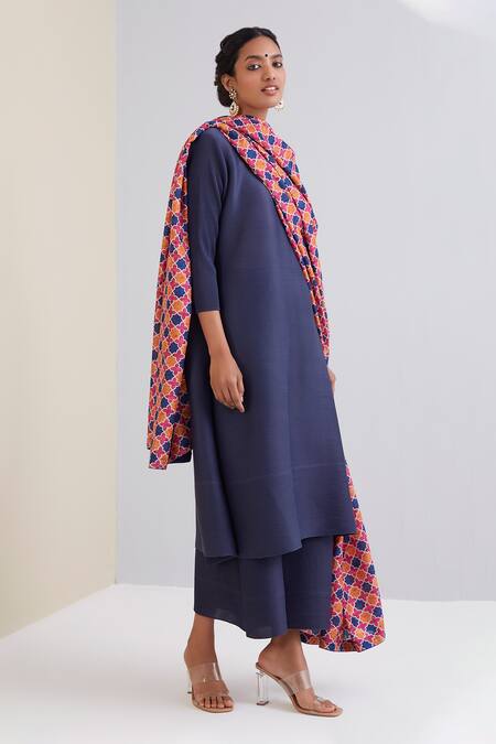 Shop_Scarlet Sage_Blue 100% Polyester Mosaic Print Band Collar Soha Pleated Kurta Palazzo Set_Online_at_Aza_Fashions