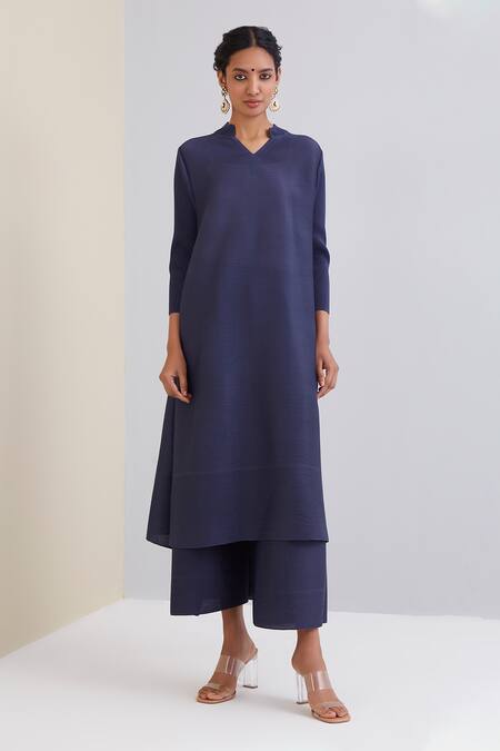 Scarlet Sage_Blue 100% Polyester Mosaic Print Band Collar Soha Pleated Kurta Palazzo Set_at_Aza_Fashions