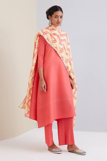 Scarlet Sage_Maroon 100% Polyester Chevron Print High Neck Nitya Pleated Kurta Set_Online_at_Aza_Fashions