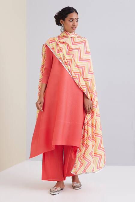 Shop_Scarlet Sage_Maroon 100% Polyester Chevron Print High Neck Nitya Pleated Kurta Set_Online_at_Aza_Fashions