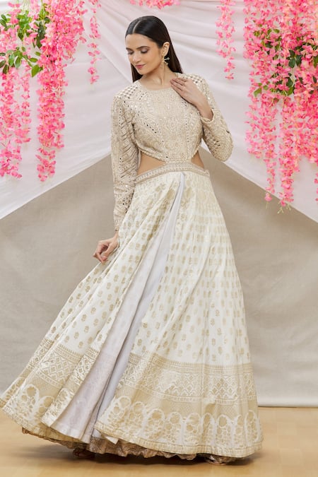 Buy Neha Mehta Couture White Banarasi Silk Floral, Mirror, Zardozi Round Embroidered Gown Online at Aza Fashions Buy_Neha Mehta Couture_White Banarasi Silk Floral, Mirror, Zardozi Round Embroidered Gown _Online_at_Aza_Fashions