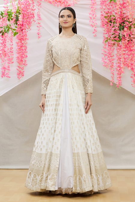 Shop Neha Mehta Couture White Banarasi Silk Floral, Mirror, Zardozi Round Embroidered Gown Online at Aza Fashions Shop_Neha Mehta Couture_White Banarasi Silk Floral, Mirror, Zardozi Round Embroidered Gown _Online_at_Aza_Fashions