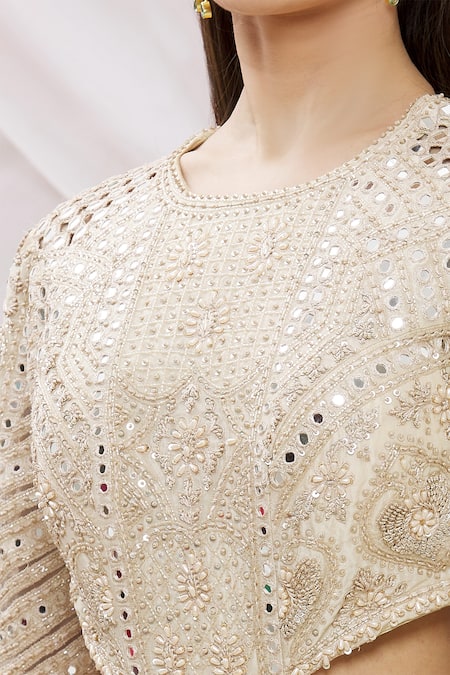 Neha Mehta Couture White Banarasi Silk Floral, Mirror, Zardozi Round Embroidered Gown at Aza Fashions Neha Mehta Couture_White Banarasi Silk Floral, Mirror, Zardozi Round Embroidered Gown _at_Aza_Fashions