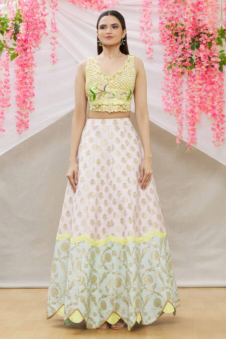 Neha Mehta Couture Multi Color Brocade Silk Floral, Zardozi V Neck Lehenga Set Online at Aza Fashions Neha Mehta Couture_Multi Color Brocade Silk Floral, Zardozi V Neck Lehenga Set _Online_at_Aza_Fashions