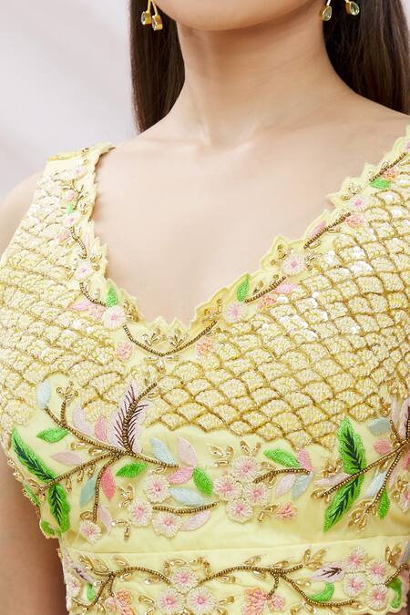 Shop Neha Mehta Couture Multi Color Brocade Silk Floral, Zardozi V Neck Lehenga Set Online at Aza Fashions Shop_Neha Mehta Couture_Multi Color Brocade Silk Floral, Zardozi V Neck Lehenga Set _Online_at_Aza_Fashions
