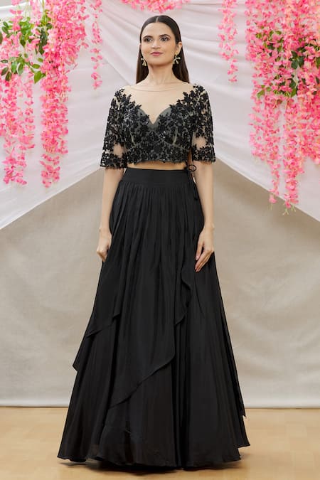 Neha Mehta Couture_Black Banana Crepe Embroidery Zardozi Round Pleated Lehenga With Blouse _Online_at_Aza_Fashions