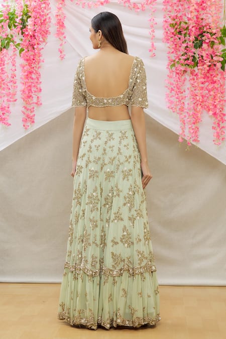 Shop_Neha Mehta Couture_Green Georgette Floral, Zardozi V Neck Embroidered Lehenga With Blouse _at_Aza_Fashions