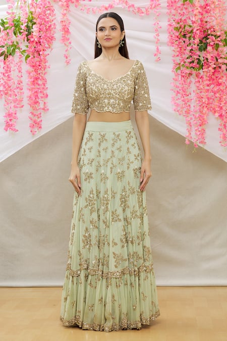 Neha Mehta Couture_Green Georgette Floral, Zardozi V Neck Embroidered Lehenga With Blouse _Online_at_Aza_Fashions