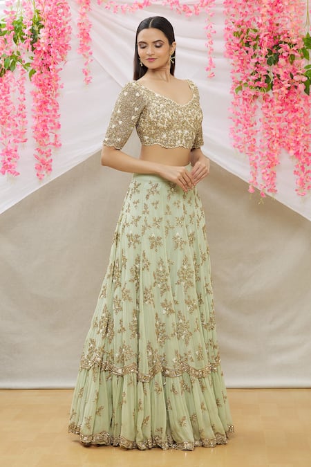 Buy_Neha Mehta Couture_Green Georgette Floral, Zardozi V Neck Embroidered Lehenga With Blouse _Online_at_Aza_Fashions