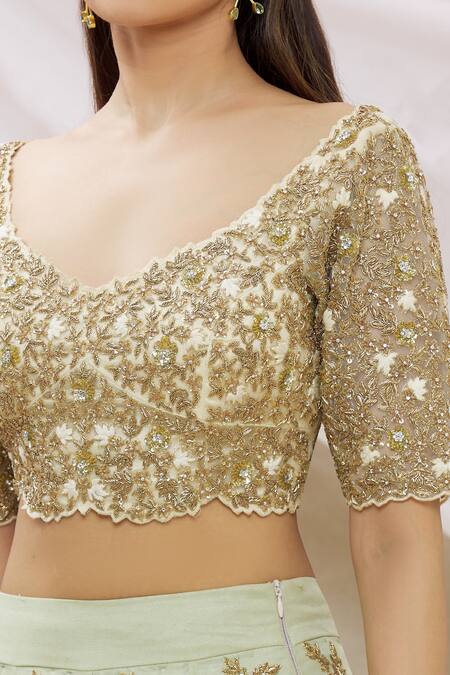 Shop_Neha Mehta Couture_Green Georgette Floral, Zardozi V Neck Embroidered Lehenga With Blouse _Online_at_Aza_Fashions