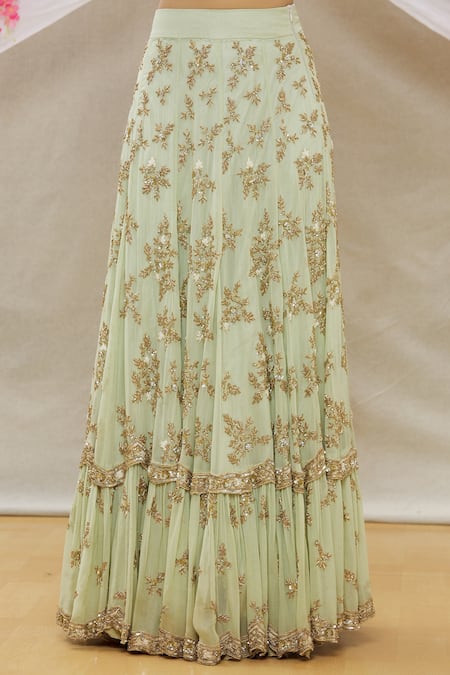 Neha Mehta Couture_Green Georgette Floral, Zardozi V Neck Embroidered Lehenga With Blouse _at_Aza_Fashions