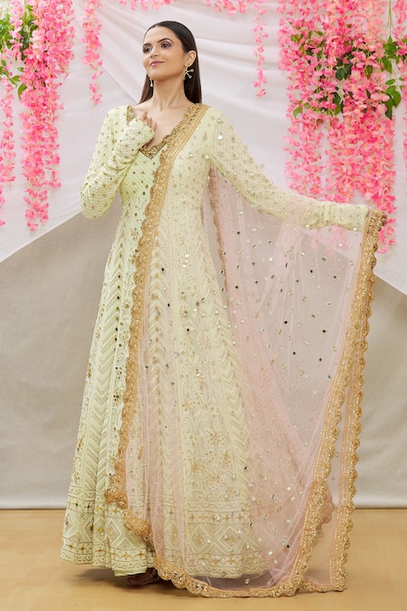 Neha Mehta Couture Green Lucknowi Embroidery Zardozi V Neck Anarkali With Dupatta