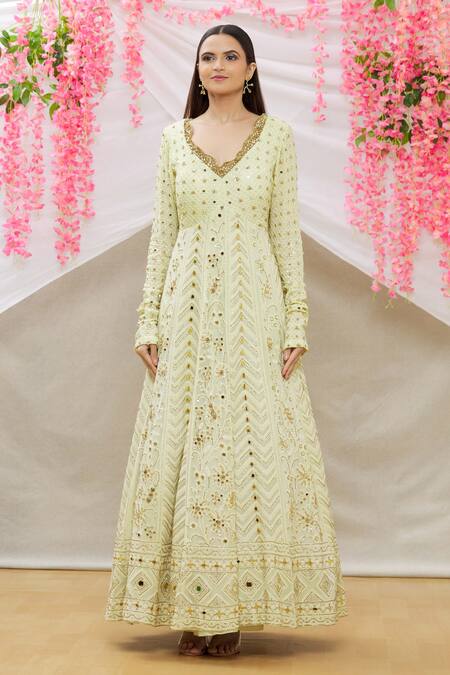 Shop Neha Mehta Couture Green Lucknowi Floral, Zardozi V Neck Anarkali With Dupatta Online at Aza Fashions Shop_Neha Mehta Couture_Green Lucknowi Floral, Zardozi V Neck Anarkali With Dupatta _Online_at_Aza_Fashions