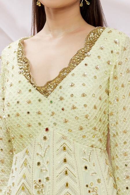 Neha Mehta Couture Green Lucknowi Floral, Zardozi V Neck Anarkali With Dupatta at Aza Fashions Neha Mehta Couture_Green Lucknowi Floral, Zardozi V Neck Anarkali With Dupatta _at_Aza_Fashions