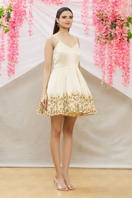 Neha Mehta Couture_Gold Imported Satin Embroidery Zardozi V Neck Dress _Online_at_Aza_Fashions