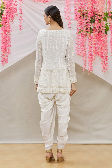 Shop_Neha Mehta Couture_White Crepe, Lucknowi Floral, Sequin V Neck Embroidered Peplum Kurta Set _at_Aza_Fashions