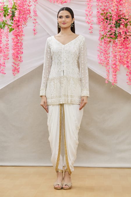 Neha Mehta Couture_White Crepe, Lucknowi Floral, Sequin V Neck Embroidered Peplum Kurta Set _Online_at_Aza_Fashions