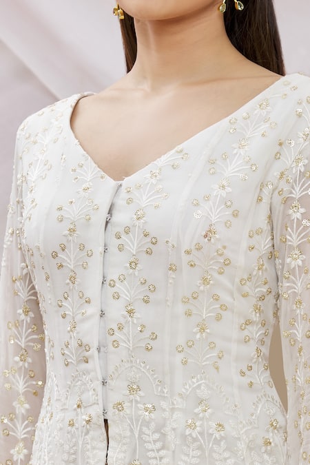 Shop_Neha Mehta Couture_White Crepe, Lucknowi Floral, Sequin V Neck Embroidered Peplum Kurta Set _Online_at_Aza_Fashions