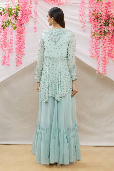Shop_Neha Mehta Couture_Blue Georgette Floral, Sequin V Neck Embroidered Kurta Sharara Set _at_Aza_Fashions