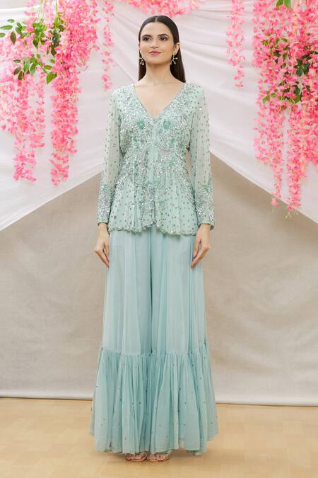 Neha Mehta Couture_Blue Georgette Floral, Sequin V Neck Embroidered Kurta Sharara Set _Online_at_Aza_Fashions