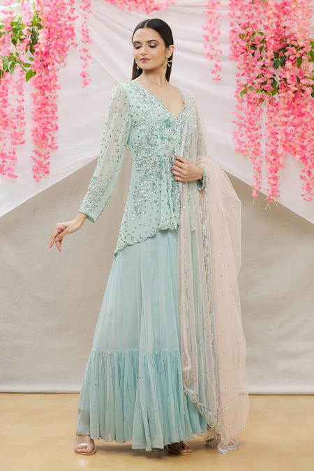 Buy_Neha Mehta Couture_Blue Georgette Floral, Sequin V Neck Embroidered Kurta Sharara Set _Online_at_Aza_Fashions