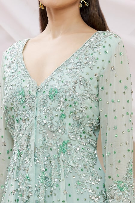 Shop_Neha Mehta Couture_Blue Georgette Floral, Sequin V Neck Embroidered Kurta Sharara Set _Online_at_Aza_Fashions