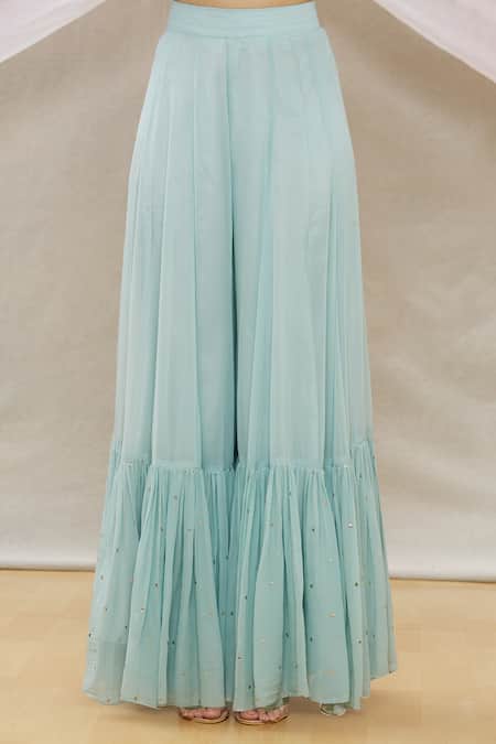 Neha Mehta Couture_Blue Georgette Floral, Sequin V Neck Embroidered Kurta Sharara Set _at_Aza_Fashions