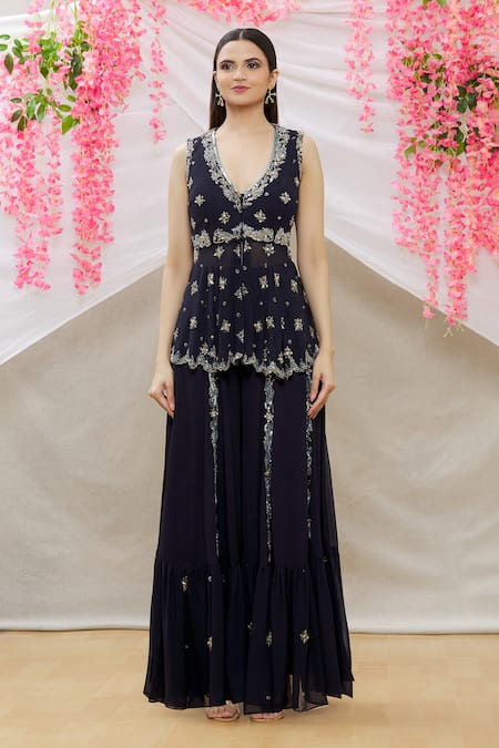 Neha Mehta Couture_Blue Georgette Floral, Sequin V Neck Embroidered Kurta Sharara Set _Online_at_Aza_Fashions
