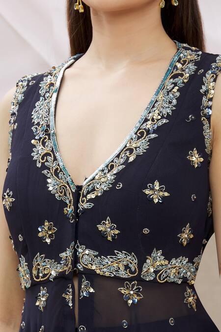 Shop_Neha Mehta Couture_Blue Georgette Floral, Sequin V Neck Embroidered Kurta Sharara Set _Online_at_Aza_Fashions