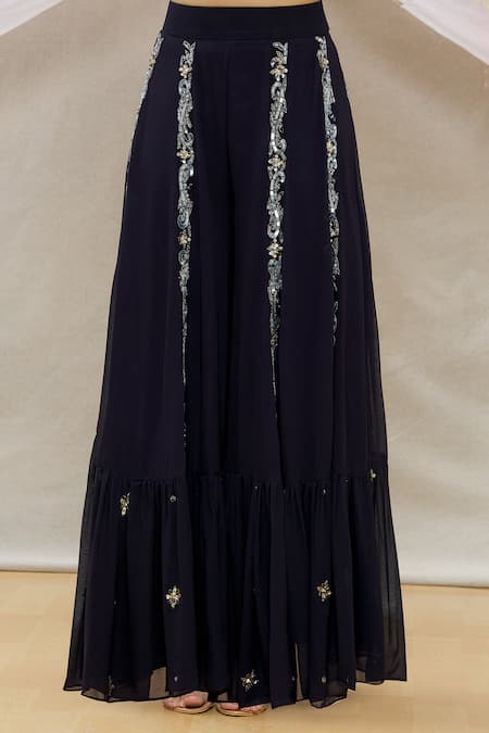 Neha Mehta Couture_Blue Georgette Floral, Sequin V Neck Embroidered Kurta Sharara Set _at_Aza_Fashions