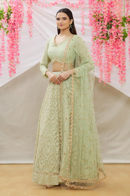 Neha Mehta Couture Green Georgette Embroidery Zardozi V Neck Lehenga Set 