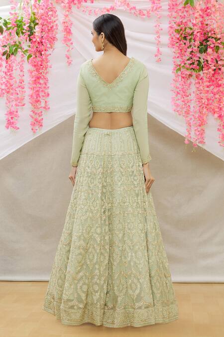 Shop_Neha Mehta Couture_Green Georgette Embroidery Zardozi V Neck Lehenga Set _at_Aza_Fashions
