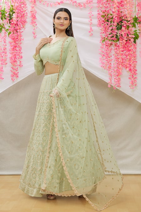 Buy_Neha Mehta Couture_Green Georgette Embroidery Zardozi V Neck Lehenga Set _Online_at_Aza_Fashions