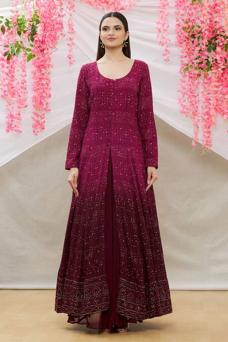 Neha Mehta Couture_Purple Lucknowi Floral, Sequin Round Anarkali Lehenga Set _Online_at_Aza_Fashions