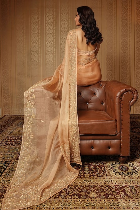 Shop Gul By Aishwarya Gold Saree Pure Organza And Blouse Satin Floral Embroidered With at Aza Fashions Shop_Gul By Aishwarya_Gold Saree Pure Organza And Blouse Satin Floral Embroidered With _at_Aza_Fashions