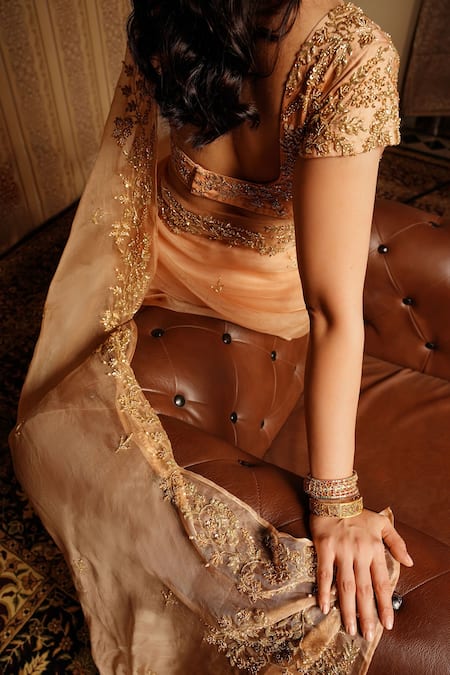 Shop Gul By Aishwarya Gold Saree Pure Organza And Blouse Satin Floral Embroidered With Online at Aza Fashions Shop_Gul By Aishwarya_Gold Saree Pure Organza And Blouse Satin Floral Embroidered With _Online_at_Aza_Fashions