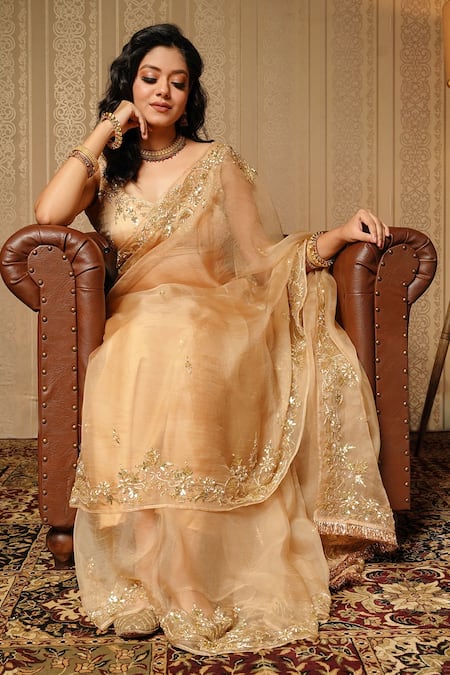 Shop_Gul By Aishwarya_Gold Saree Pure Organza And Blouse Satin Floral Embroidered With _at_Aza_Fashions