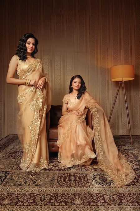 Gul By Aishwarya_Gold Saree Pure Organza And Blouse Satin Floral Embroidered With _Online_at_Aza_Fashions