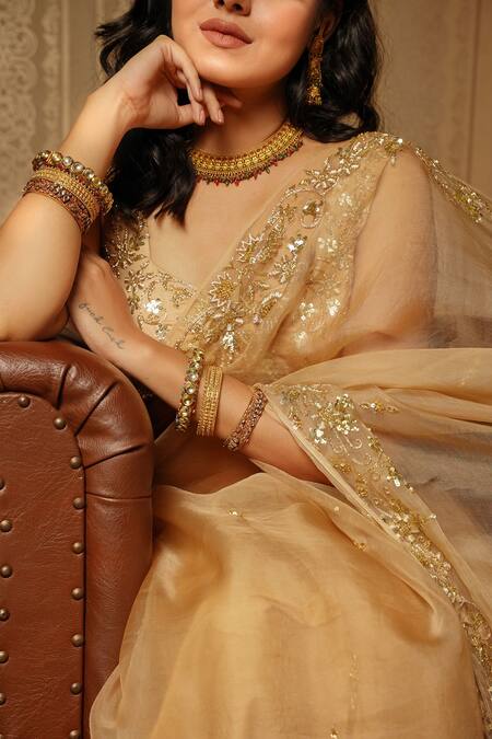 Gul By Aishwarya_Gold Saree Pure Organza And Blouse Satin Floral Embroidered With _at_Aza_Fashions