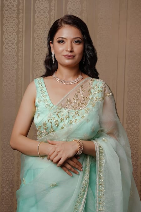 Shop Gul By Aishwarya Blue Saree Pure Organza And Blouse Satin Floral Embroidered With at Aza Fashions Shop_Gul By Aishwarya_Blue Saree Pure Organza And Blouse Satin Floral Embroidered With _at_Aza_Fashions