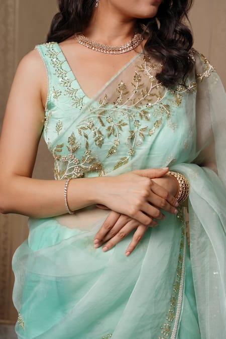 Buy Gul By Aishwarya Blue Saree Pure Organza And Blouse Satin Floral Embroidered With Online at Aza Fashions Buy_Gul By Aishwarya_Blue Saree Pure Organza And Blouse Satin Floral Embroidered With _Online_at_Aza_Fashions