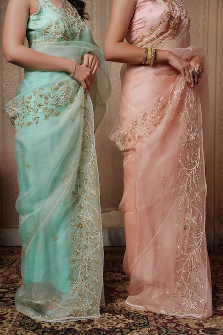 Shop Gul By Aishwarya Blue Saree Pure Organza And Blouse Satin Floral Embroidered With Online at Aza Fashions Shop_Gul By Aishwarya_Blue Saree Pure Organza And Blouse Satin Floral Embroidered With _Online_at_Aza_Fashions